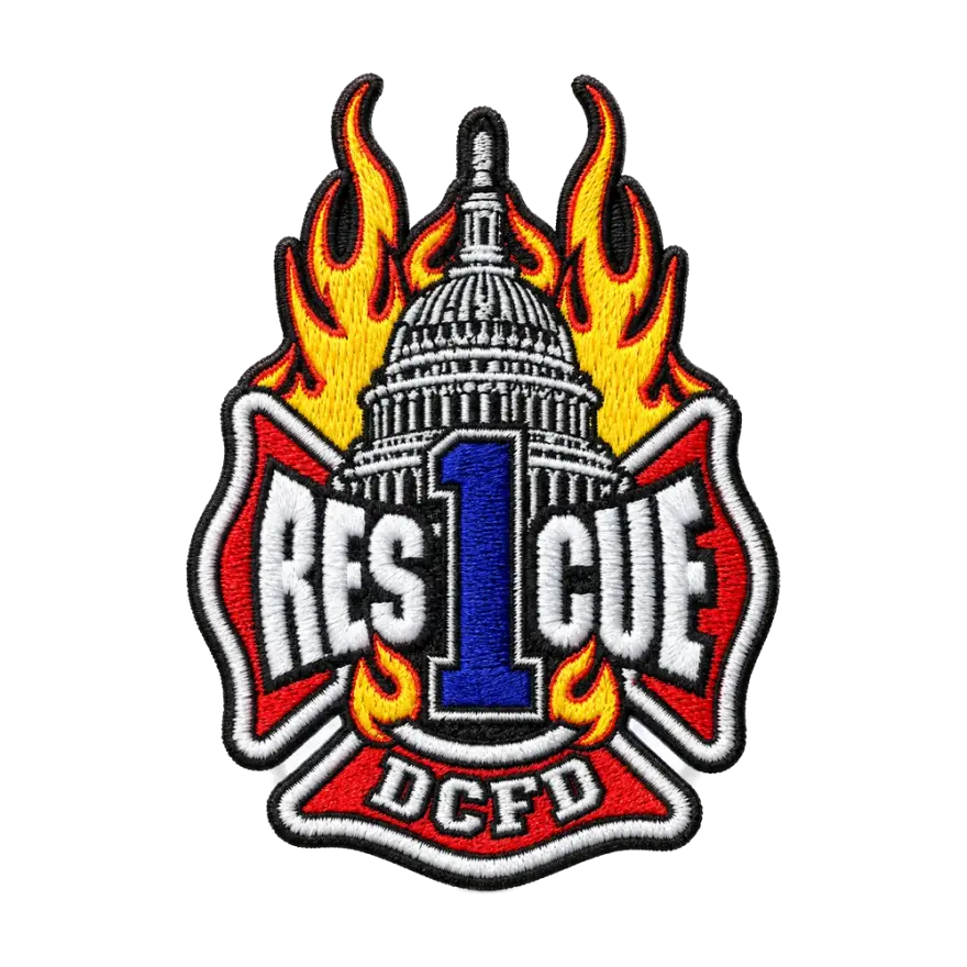 Embroidered DCFD Rescue 1 fire department patch with flames and the Capitol dome