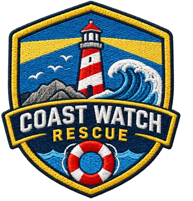 Lighthouse rescue badge rendered with visible stitch directions and thread texture.