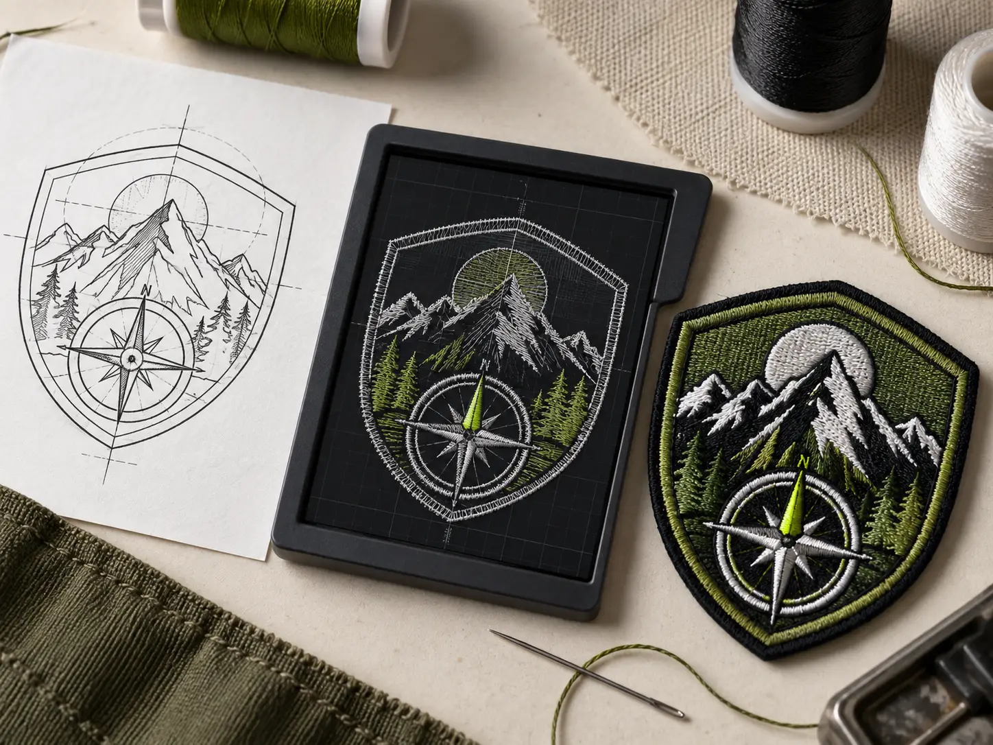 Illustrative workshop view showing original patch artwork, an embroidery stitch plan, and the finished embroidered patch.