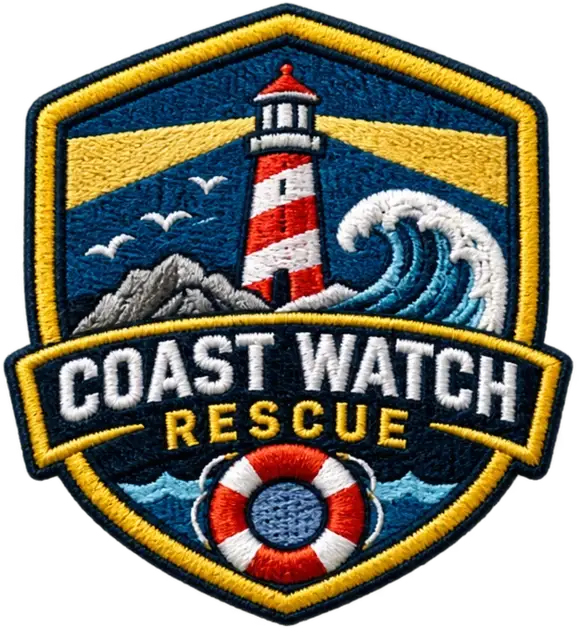 Finished embroidered lighthouse rescue patch with dimensional thread.