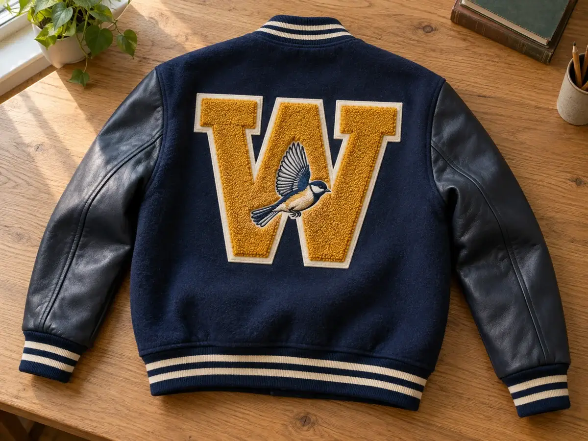 Large gold W with bird on varsity jacket back.