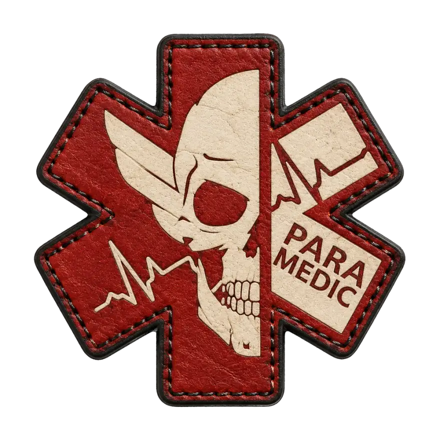 Red printed leather Star of Life paramedic patch with a skull and heartbeat line