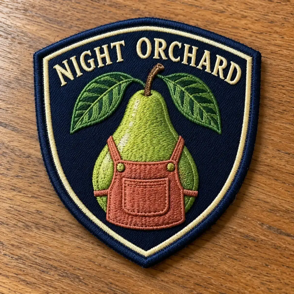 Pear in overalls shield, embroidered.