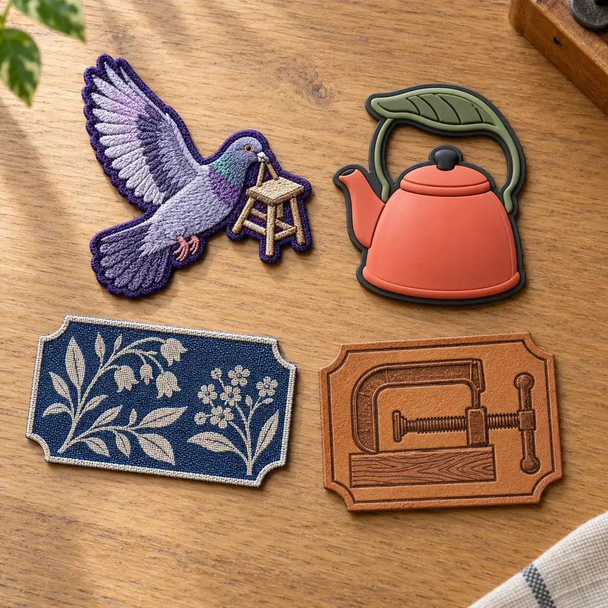 Embroidered, molded PVC, woven and leather patches laid out together.