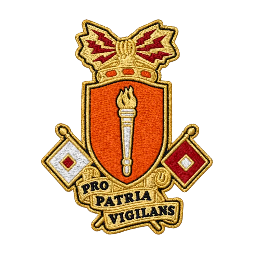 Embroidered crest patch with a torch, crossed flags and a Pro Patria Vigilans scroll
