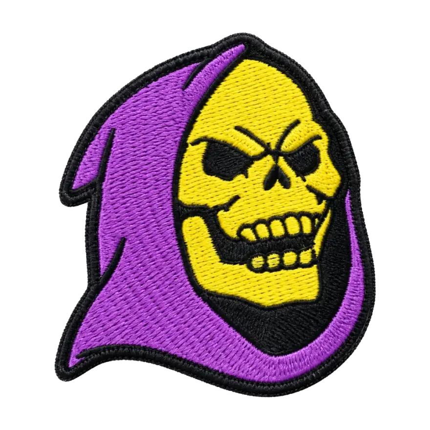 Embroidered morale patch of a yellow skull in a purple hood