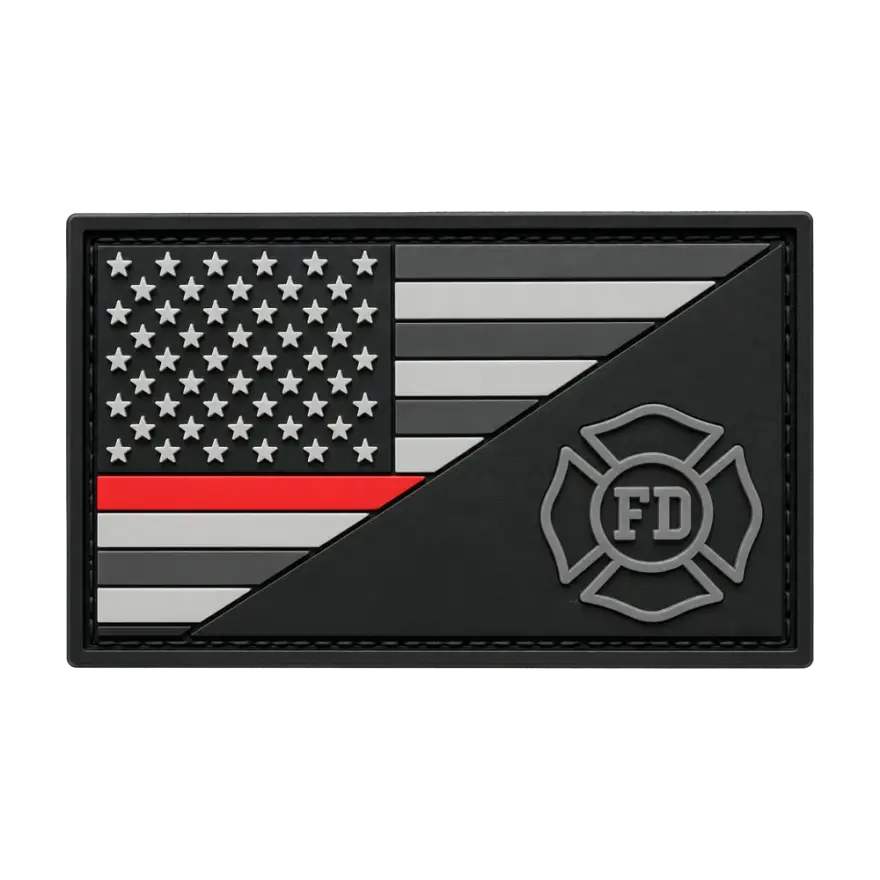 Black PVC US flag patch with a thin red line and a Maltese cross FD badge
