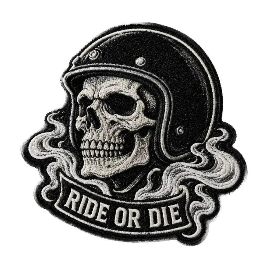 Embroidered skull in a motorcycle helmet biker patch reading Ride or Die