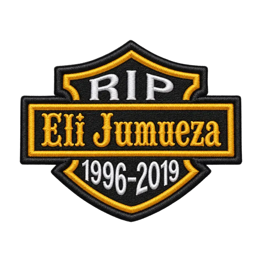 Embroidered RIP memorial crest patch with a name and 1996-2019 dates