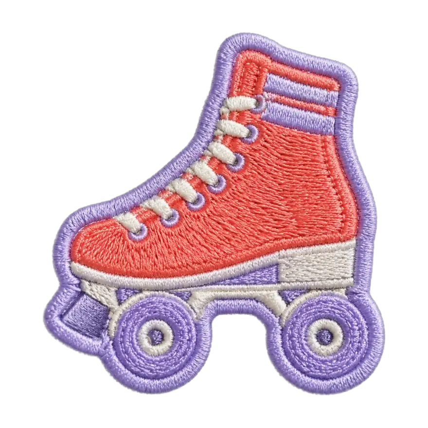 Embroidered pink roller skate patch with lavender wheels