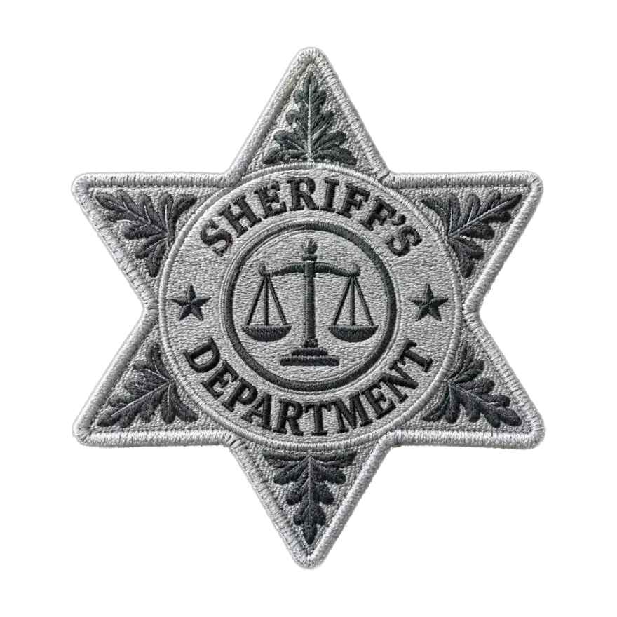 Silver embroidered six-point Sheriff's Department star badge patch with scales of justice