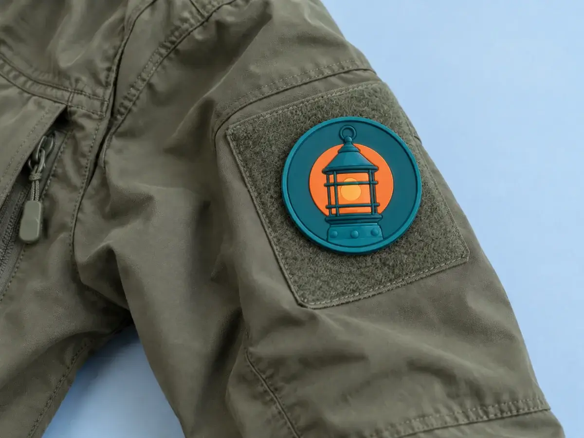 Teal lantern roundel on olive sleeve panel.