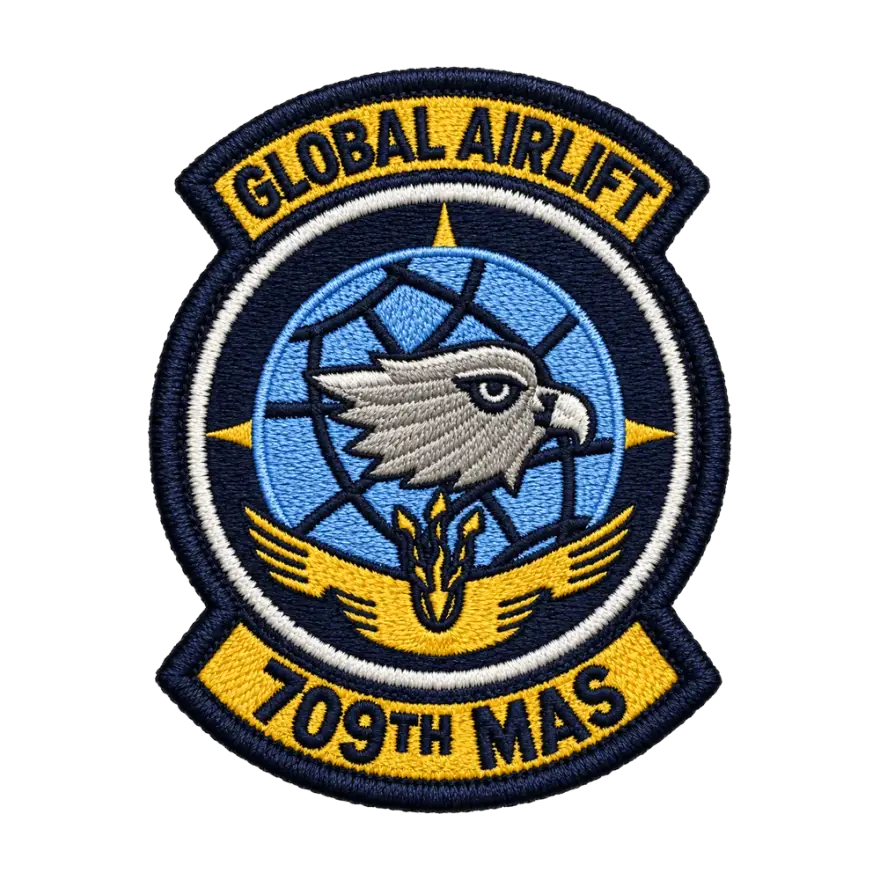 Embroidered Global Airlift 709th MAS squadron patch with an eagle over a globe