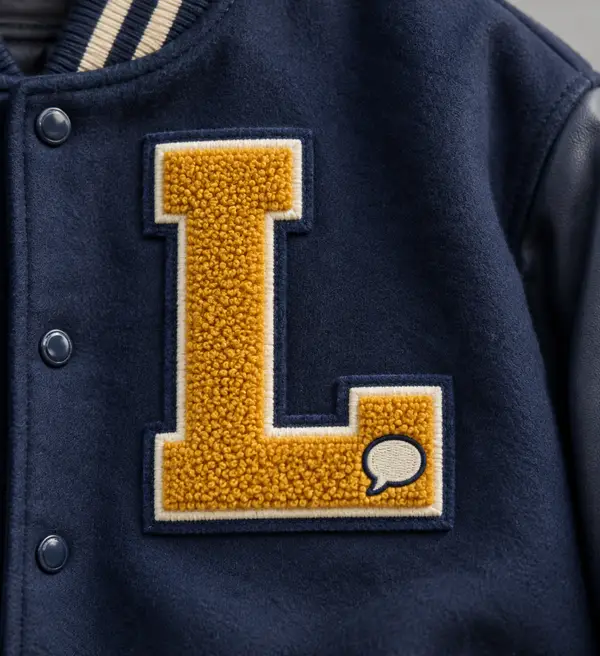 Gold chenille letter L patch on a navy varsity jacket.
