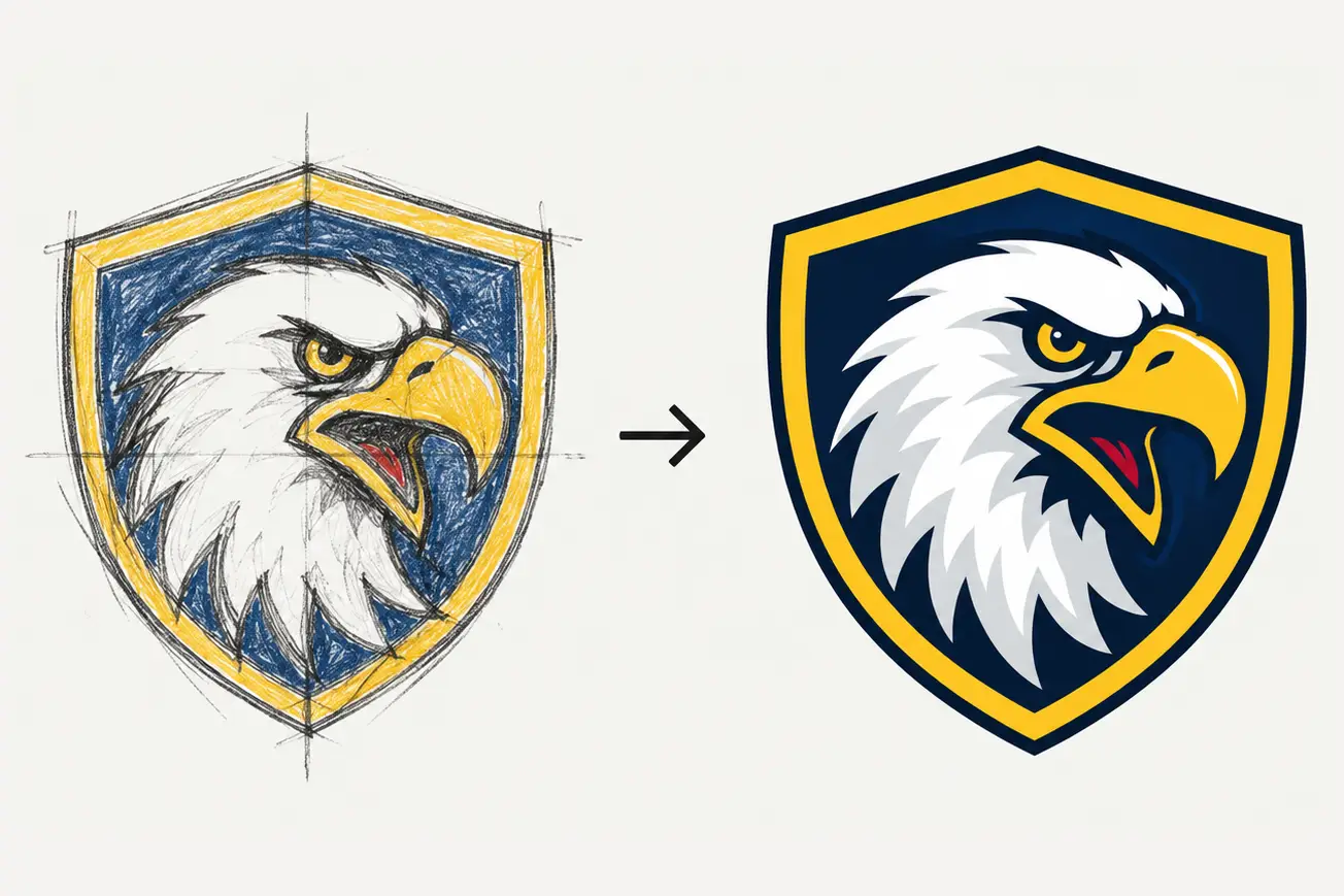 A rough source sketch beside its cleaned vector drawing.