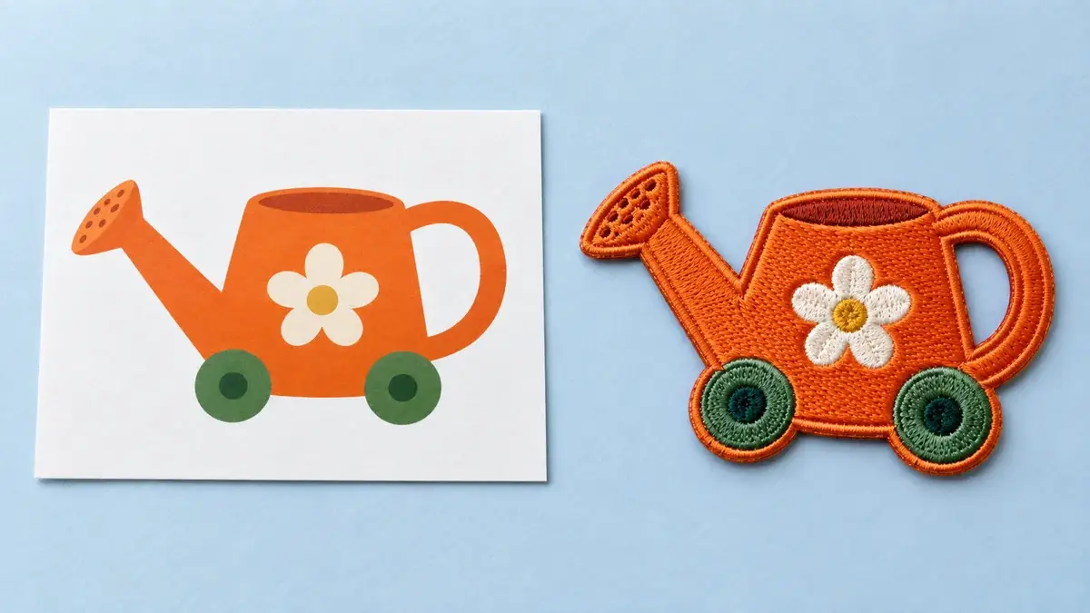 Watering can artwork and embroidered result.
