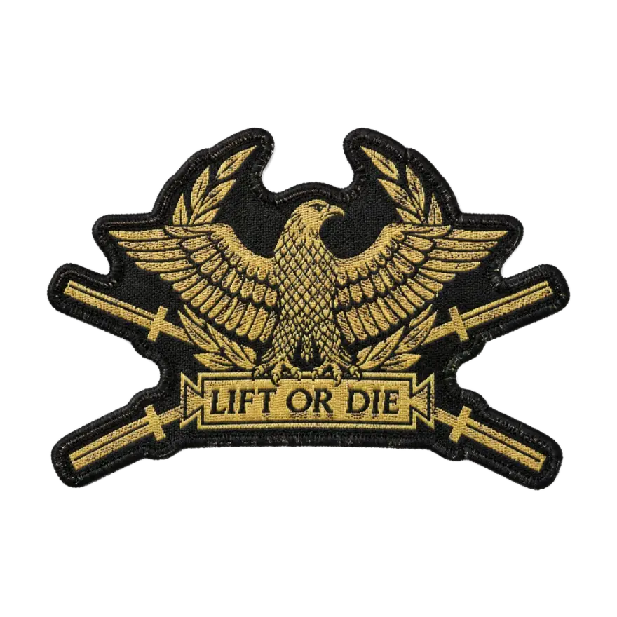 Woven gym patch with an eagle crest reading Lift or Die